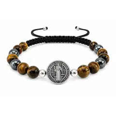 GENERICO - Pulsera San Benito de Ojo de Tigre y Hematita Ajustable