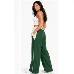 ENKI - Pantalón Deportivo Wide Leg Mujer Verde Bicolor Tela Nova