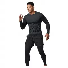 Alpha Gym - Conjunto Deportivo Hombre 3 Piezas: Polo Manga Larga + Short + Pantalón Licrado Compresión