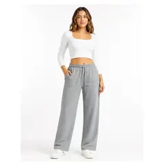ENKI - PANTALÓN PALAZZO MUJER FRANELA ALGODÓN GRIS MELANGE WIDE LEG CINTURA ELÁSTICA CON CORDÓN