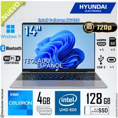 HYUNDAI - Laptop Notebook Hybook Plus Intel Celeron N4020 4GB RAM 125GB SSD 14" HD WIN11 HT14CC1C46SG