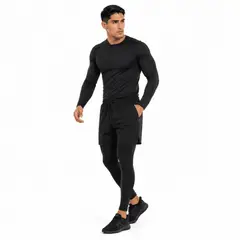 Alpha Gym - Pack Outfit Deportivo Hombre Polo Manga Larga + Short Gym + Pantalón Licrado 3 piezas