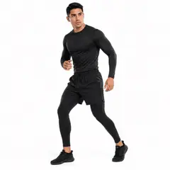 Alpha Gym - Conjunto Deportivo Hombre 3 Piezas: Polo Manga Larga + Short + Pantalón Licrado Compresión