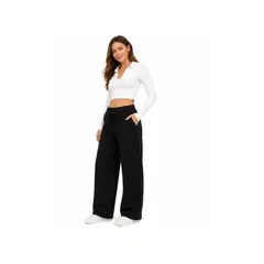 ENKI - Pantalón Palazo Mujer Negro Franela Algodón Cintura Elástica Cordón Ajustable Casual Urbano