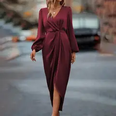 GENERICO - Vestido Satinado de Fiesta Manga Larga, Elegancia Midi - Vestido Cassandra