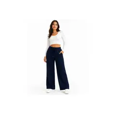 ENKI - Pantalón Palazzo Wide Leg Mujer Azul Marino Franela Algodón Cintura Elástica con Cordón Urbano