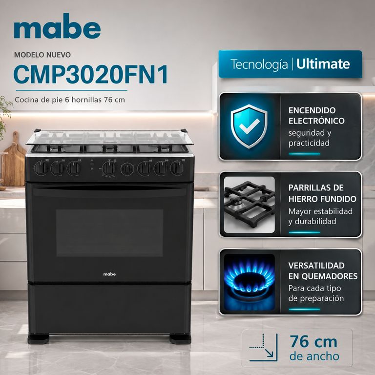 CMP3020FN1 - Cocina De Pie 6 Hornillas 76Cm Negro