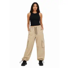 ENKI - Pantalón Cargo Wide Leg Mujer Beige Arena Tela Nova