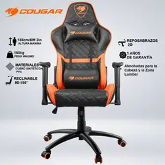 COUGAR - SILLA GAMER ARMOR ONE COJIN LUMBAR Y CUELLO RECLINA 180° REPOSABRAZO 2D