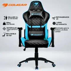 COUGAR - SILLA GAMER ARMOR ONE SKY BLUE COJIN LUMBAR Y CUELLO RECLINA 180° REPOSABRAZO 2D