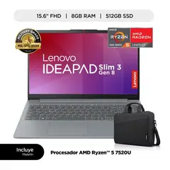 LENOVO - LAPTOP IDEAPAD SLIM 3 AMD RYZEN 5 8GB RAM 512GB SSD 15.6" ARTIC GREY + MALETIN