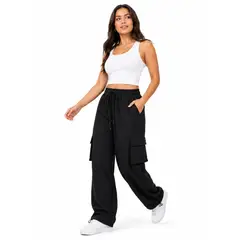 ENKI - Pantalón Cargo Wide Leg Mujer Negro Tela Nova