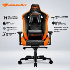 COUGAR - SILLA GAMER ARMOR TITAN COJIN LUMBAR Y CUELLO RECLINA 170° REPOSABRAZO 4D