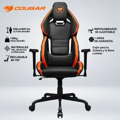COUGAR - SILLA GAMER HOTROD COJIN LUMBAR Y CUELLO RECLINA 150° REPOSABRAZO 3D AJUSTABLE