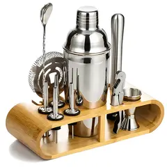 GENERICO - Set de Barman 12 Piezas Cocteleria Acero Inoxidable Plateado Base de Bambu