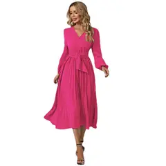 TIOZONEY - Vestido Largo manga larga Mujer- Rosado