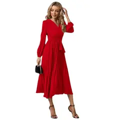 TIOZONEY - Vestido Largo manga larga Mujer - Rojo