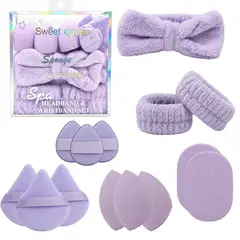 OEM - Set De Maquillaje Y Skincare Morado Con Vincha Fluffy Muñequeras Y Esponjas Faciales