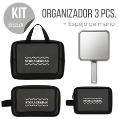 OEM - Kit Organizador 3 Piezas Negro Transparente + Espejo De Mano Plateado