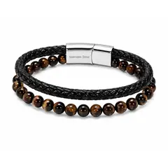 GENERICO - Pulsera Doble Hombre Cuero Trenzado y Piedra Ojo de Tigre con Cierre Acero Inoxidable