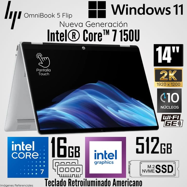 Laptop OmniBook 5 Flip 14-FP0023DX Intel Core 7 150U 16GB RAM 512GB SSD 14" 2K Táctil - Plateado