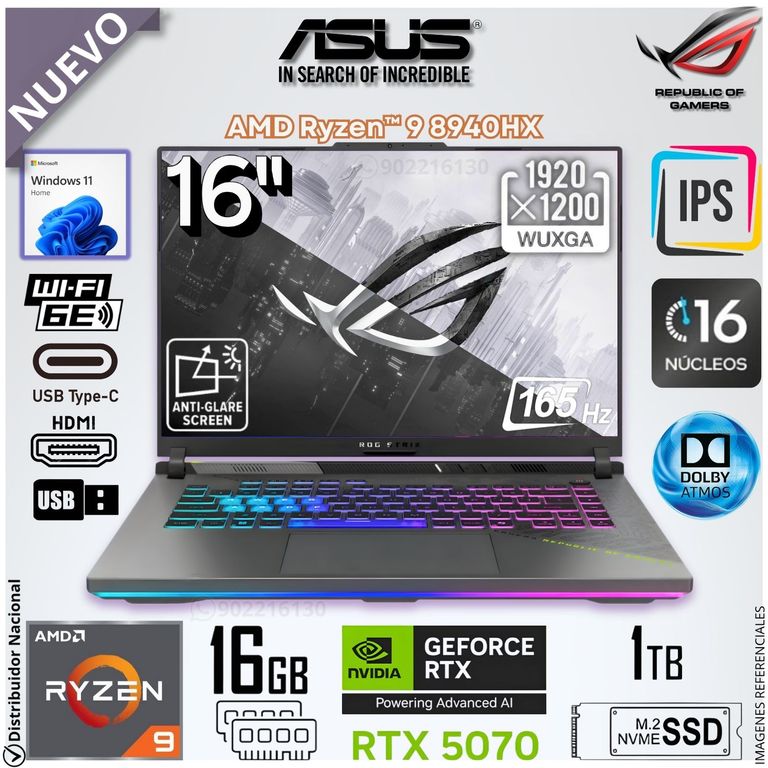Laptop Gamer ROG STRIX G16 Ryzen 9-8940HX 16GB RAM 1TB SSD RTX5070-8GB 16FHD+ 165HZ G614P-WH94