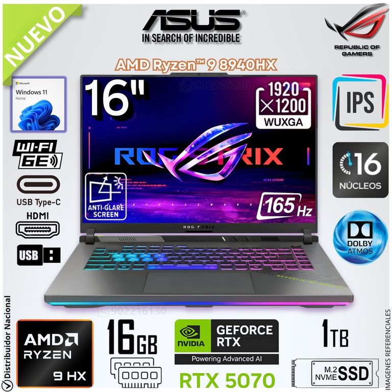 Laptop Gamer ROG STRIX G16 Ryzen 9-8940HX 16GB RAM 1TB SSD RTX5070-8GB 16FHD+ 165HZ G614P-WH94