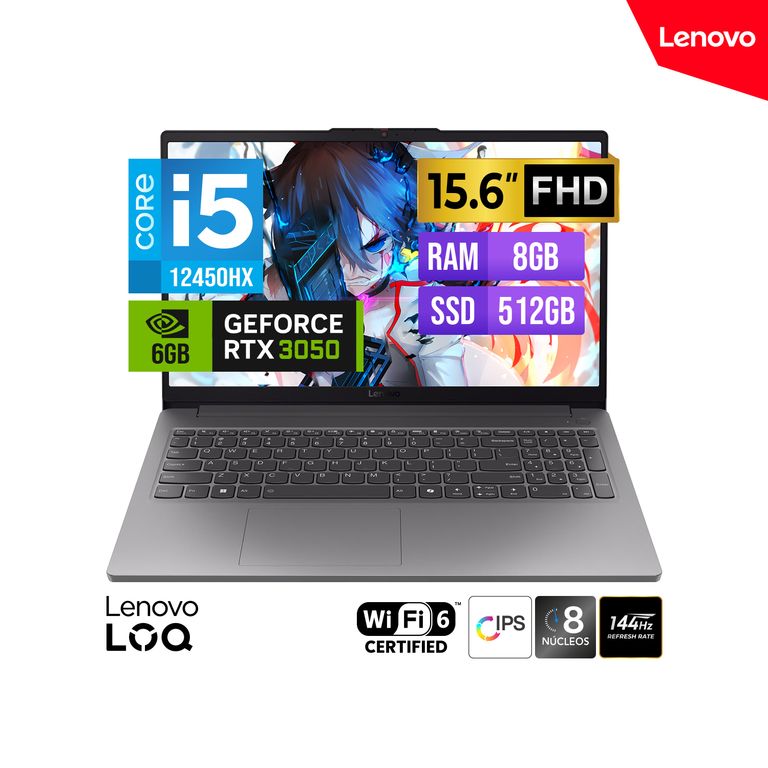 LAPTOP GAMER LOQ 15IAX9E Core I5-12450HX 15.6 FHD 8GB DDR5 512GB SSD RTX 3050 6GB FreeDOS