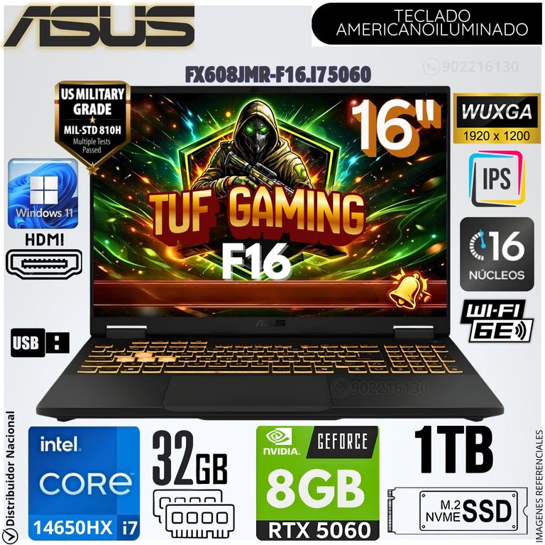 Laptop TUF Gaming F16 FX608JMR Intel Core i7 14650HX 32GB RAM 1TB SSD RTX 5060-8GB 16 WUXGA
