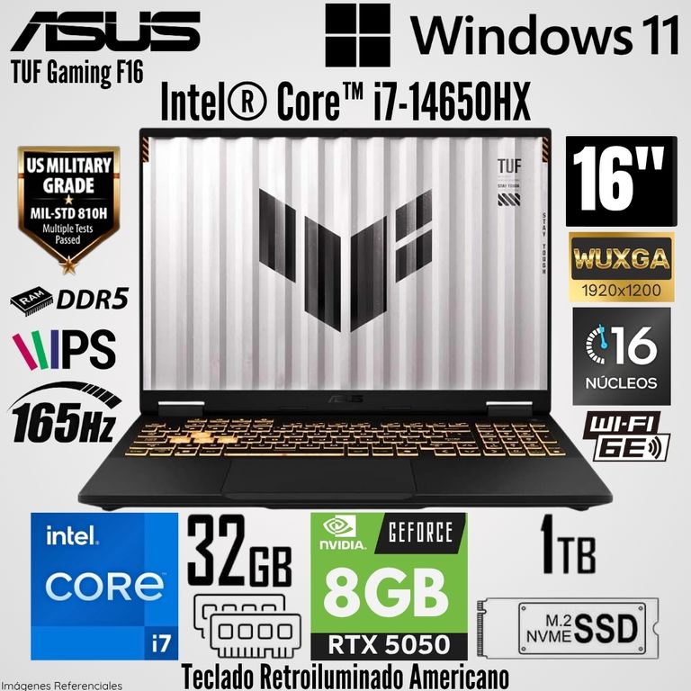 Laptop TUF Gaming F16 FX608JMR Intel Core i7-14650HX 32GB RAM 1TB SSD RTX 5060-8GB 16" WUXGA
