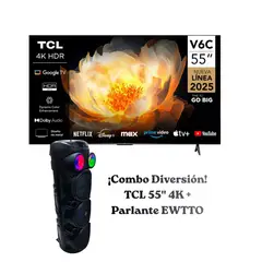 TCL - Televisor 55 Pulgadas 4K HDR Google TV 55V6C + PARLANTE EWTTO PORTATIL ET-P5782MBC