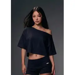 GENERICO - Polo Crop Top Negro Off-Shoulder Manga Corta Casual Streetwear