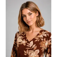 MARWAL - Blusa Veronica , by , Fondo Marron con Estampado Beige y Hueso