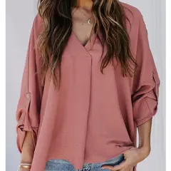 TIOZONEY - Camiseta suelta de mujer con cuello en V