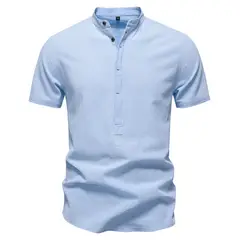 TIOZONEY - Camisa de algodón con cuello alto para hombre-Azul