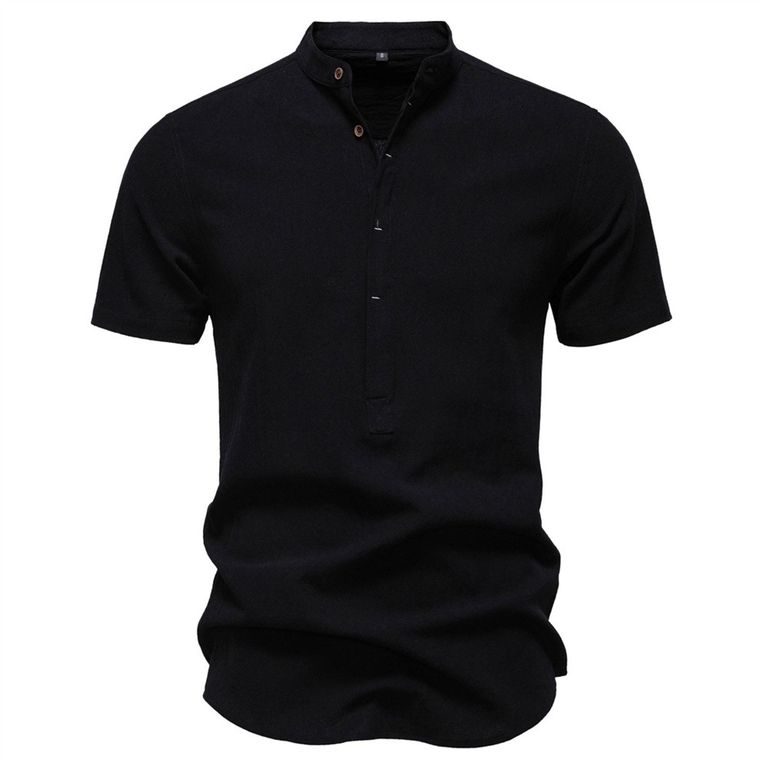 Camisa de algodón con cuello alto para hombre-Negro