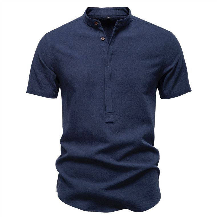 Camisa de algodón con cuello alto para hombre-Azul