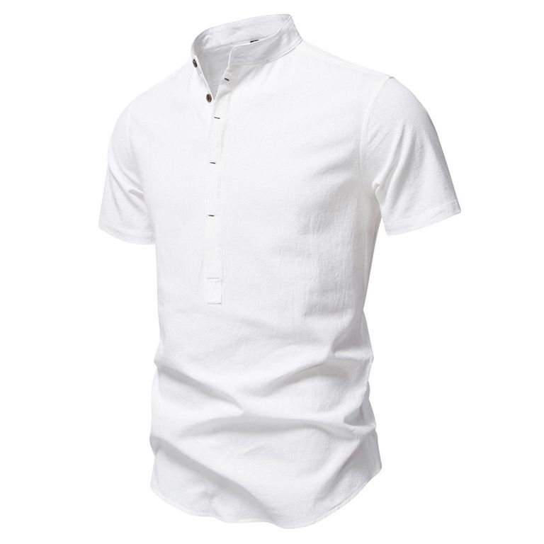 Camisa de algodón con cuello alto para hombre-Blanco