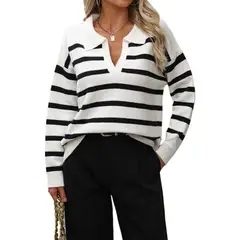 TIOZONEY - Suéter a rayas para mujer-Blanco
