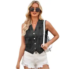 TIOZONEY - Chaqueta mezclilla sin mangas Mujer