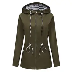 TIOZONEY - Cortavientos impermeable con gorro para mujer - Verde
