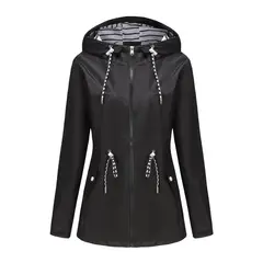 TIOZONEY - Cortavientos impermeable con gorro para mujer - Negro