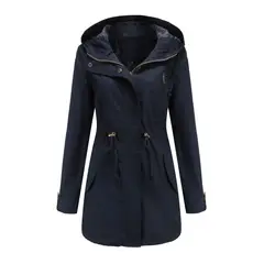 TIOZONEY - Cortavientos largo con gorro para mujer - Azul Marino