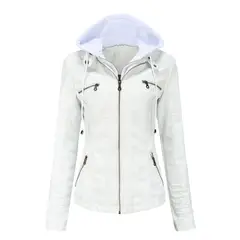TIOZONEY - Chaqueta de PU con gorro para mujer - Blanco