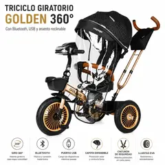 GENERICO - Triciclo Infantil Golden Voyage 360° Negro Dorado Reclinable con Bluetooth USB