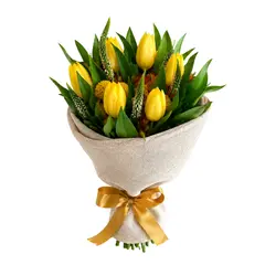 GENERICO - 10 Tulipanes Amarillos Naturales con Flor Verónica y Botón de Oro, Ramo Floral Premium