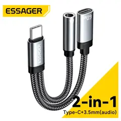 ESSAGER - Adaptador Tipo C A Jack 3.5mm Y Tipo C Carga Rapida 60w