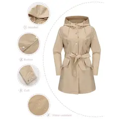 TIOZONEY - Chaqueta impermeable con capucha y cinturón-Marrón