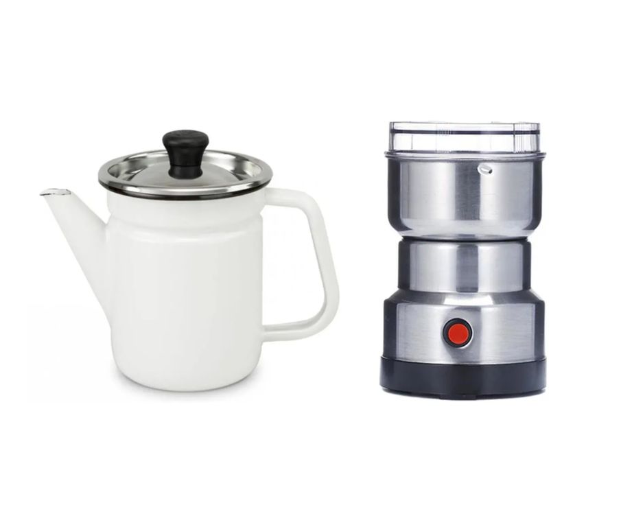 Cafetera Acero Esmaltado mas molinillo electrico