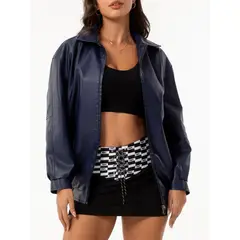 TIOZONEY - Chaqueta de piel con solapa- Azul